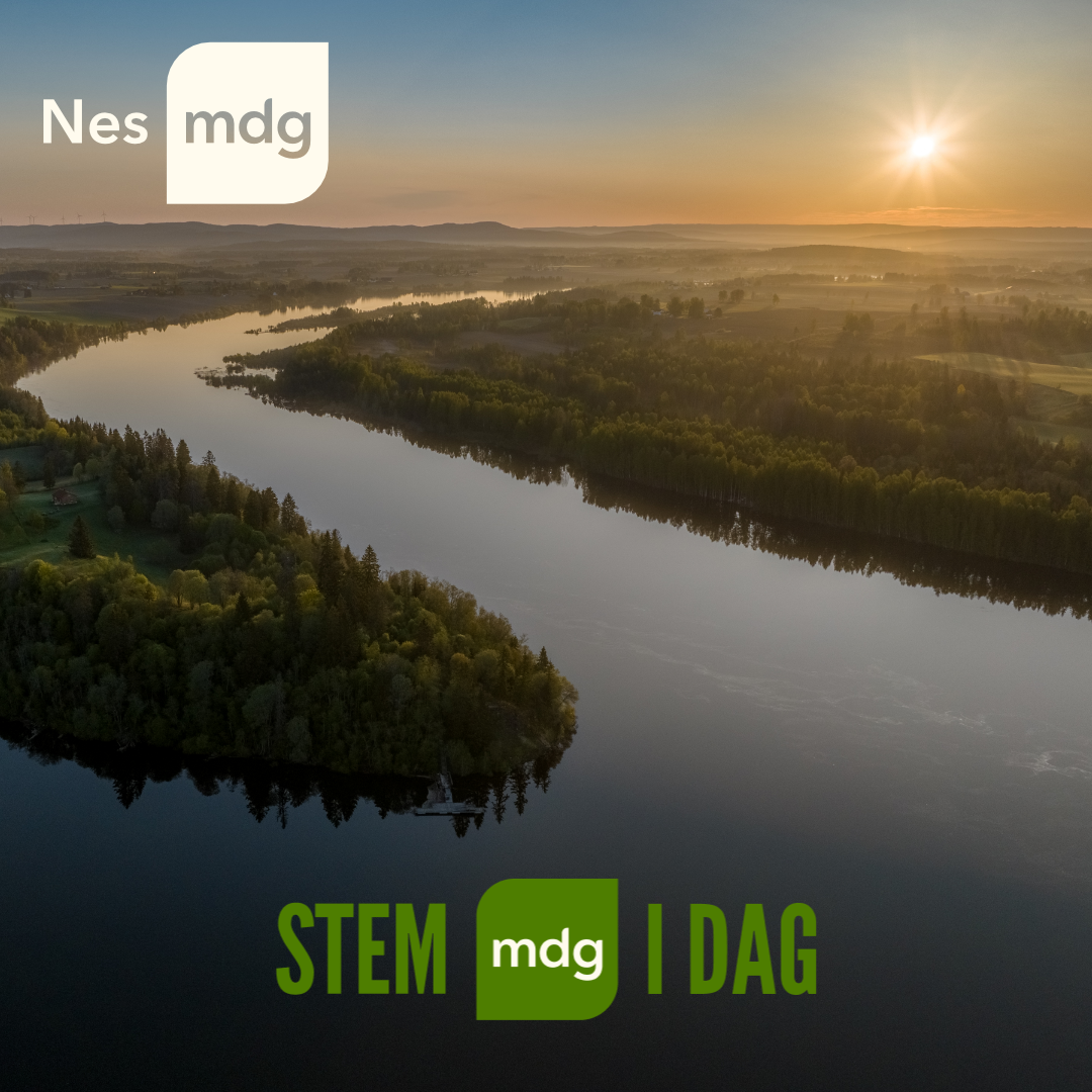 Bilde av elvemøtet rett etter soloppgang fra luften, retning Funnefoss i stedet for rett på med teksten Nes MDG og Stem MDG i dag.
